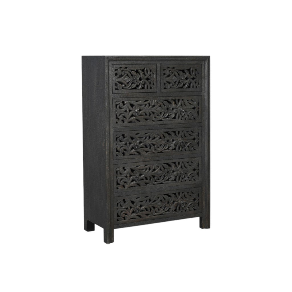 35" Black Carved Floral Solid Wood Six Drawer Dresser