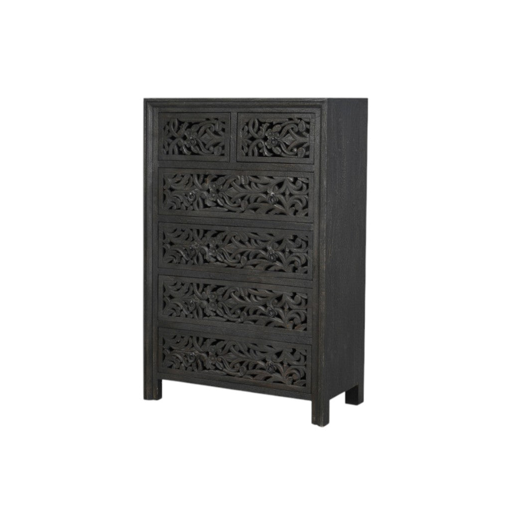 35" Black Carved Floral Solid Wood Six Drawer Dresser
