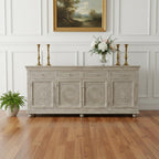 102" Gray Distressed Solid Wood Carved Floral Four Drawer Sideboard with Four Doors