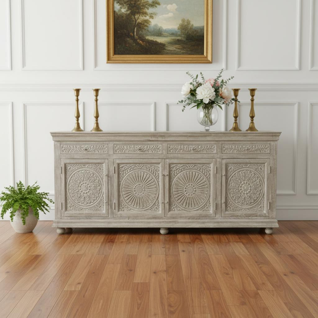102" Gray Distressed Solid Wood Carved Floral Four Drawer Sideboard with Four Doors