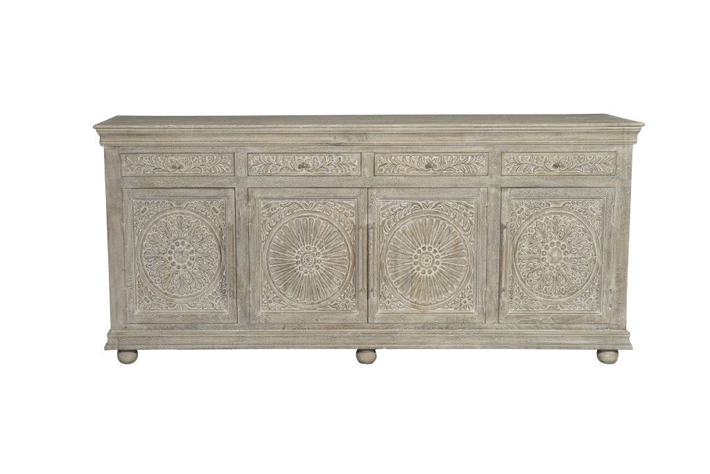 102" Gray Distressed Solid Wood Carved Floral Four Drawer Sideboard with Four Doors