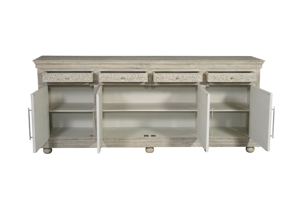 102" Gray Distressed Solid Wood Carved Floral Four Drawer Sideboard with Four Doors