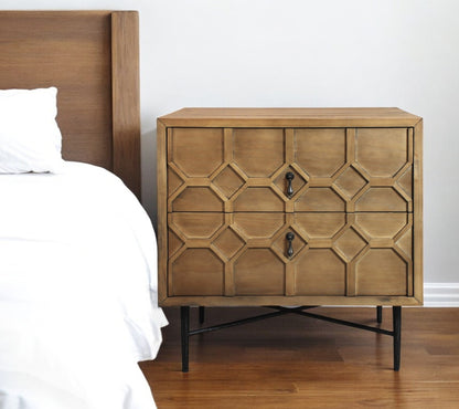 28" Natural Two Drawer Distressed Carved Geometric Solid Wood Nightstand