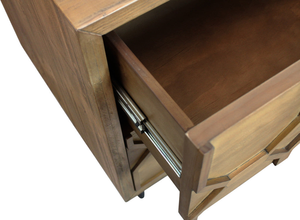28" Natural Two Drawer Distressed Carved Geometric Solid Wood Nightstand