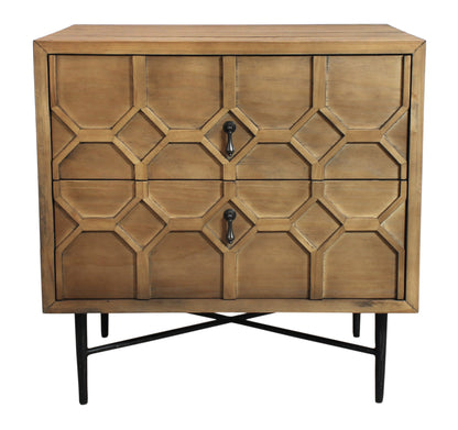 28" Natural Two Drawer Distressed Carved Geometric Solid Wood Nightstand