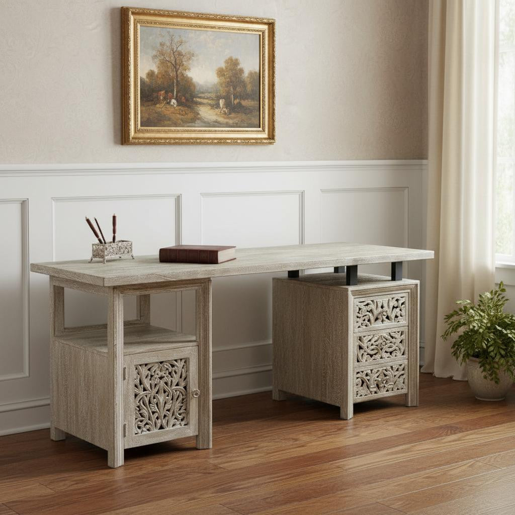 68" Gray Solid Wood Writing Desk With Three Drawers