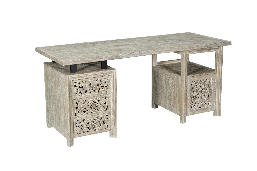 68" Gray Solid Wood Writing Desk With Three Drawers