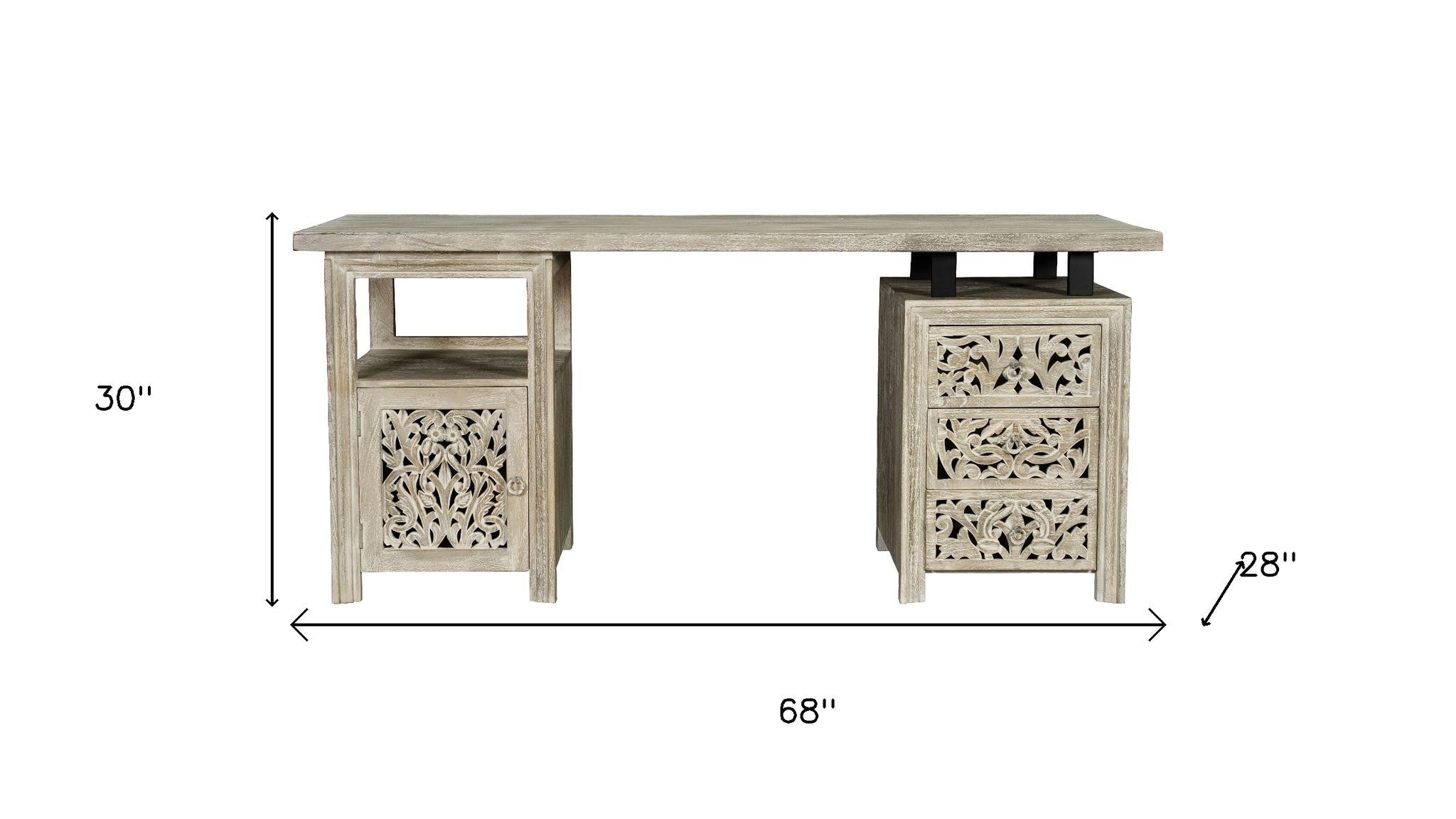 68" Gray Solid Wood Writing Desk With Three Drawers