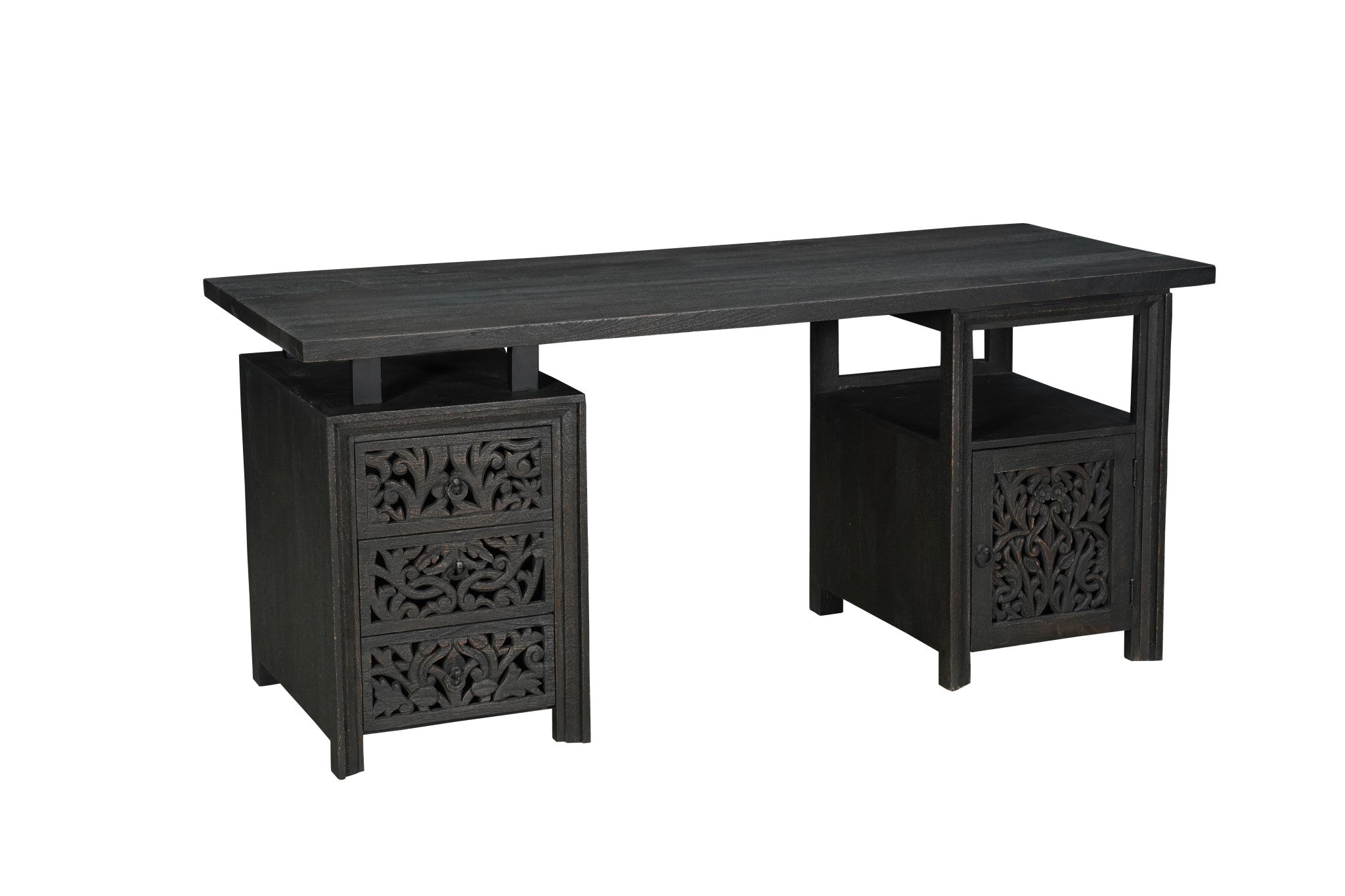 68" Black Carved Floral Scroll Solid Wood Computer Desk With Three Drawers