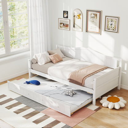 Twin Size Day Bed Frame With Trundle, Integrated Headboard & Armrests, Space-Saving Trundle Bed , Sturdy Wood Construction