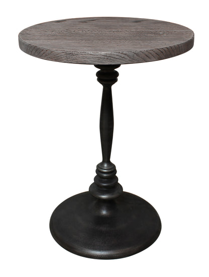 21" Natural and Black Distressed Solid Wood and Iron Round Pedestal End Table