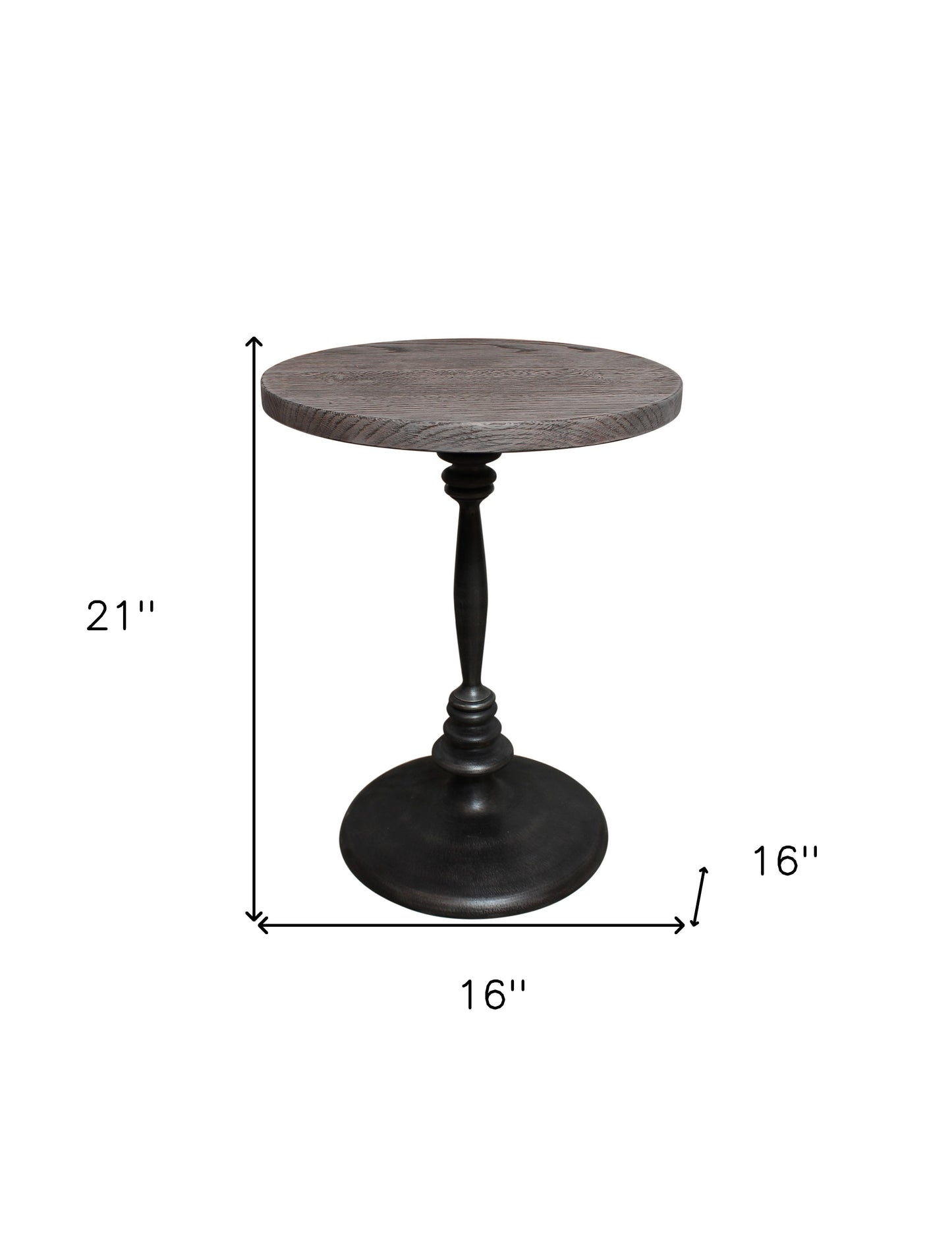 21" Natural and Black Distressed Solid Wood and Iron Round Pedestal End Table