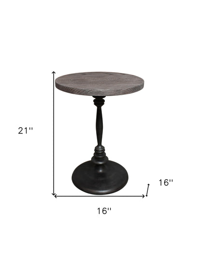 21" Natural and Black Distressed Solid Wood and Iron Round Pedestal End Table