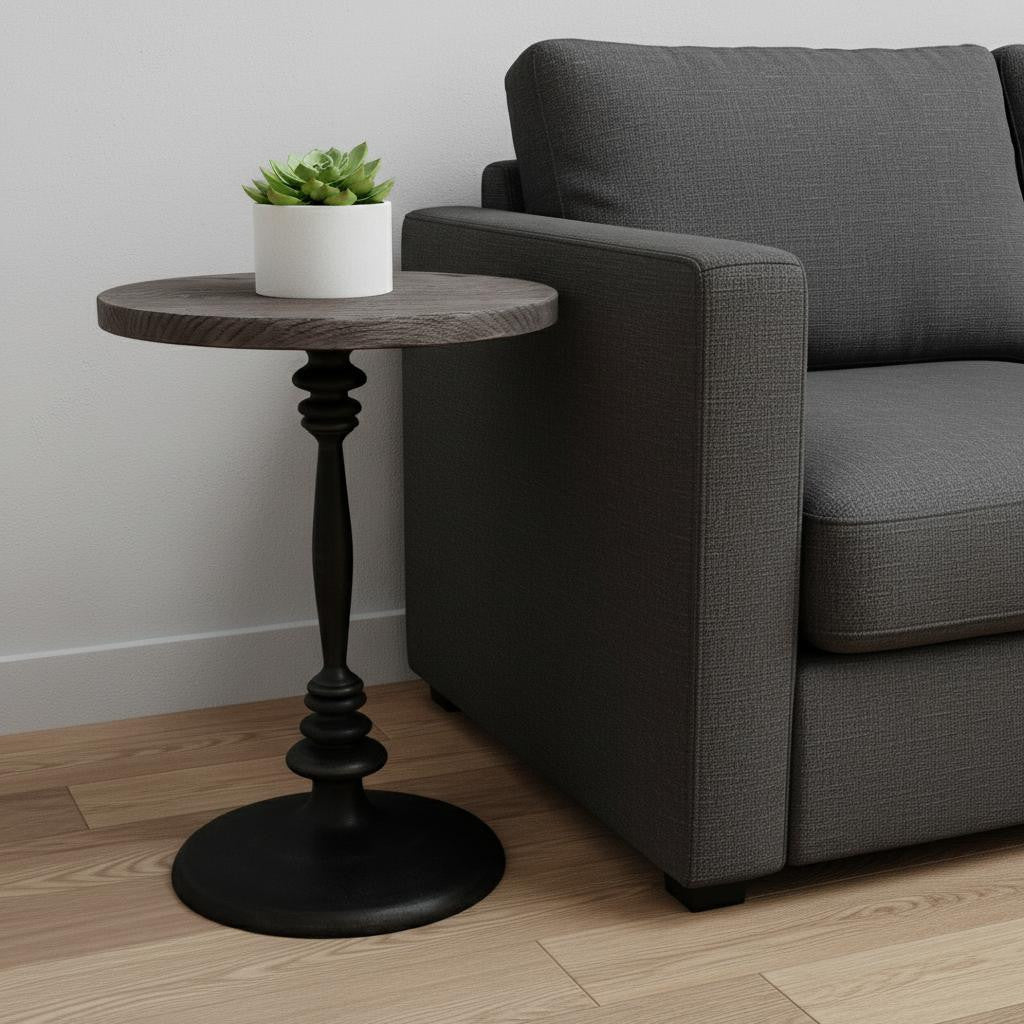 21" Natural and Black Distressed Solid Wood and Iron Round Pedestal End Table