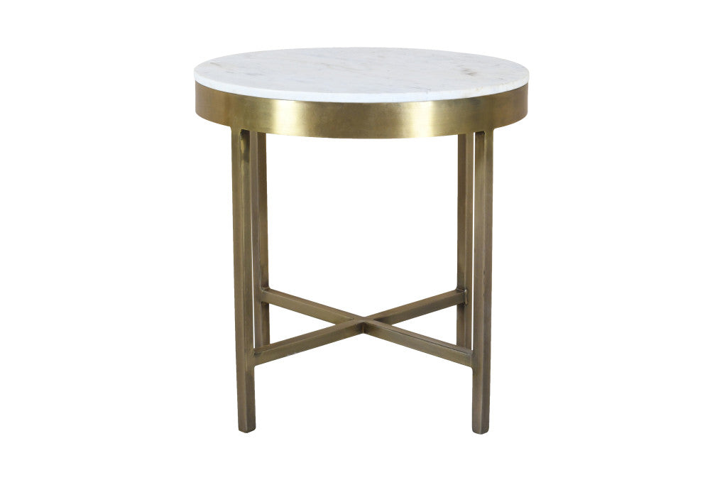 20" Ivory and Brass Marble and Iron Round Cross Legs End Table