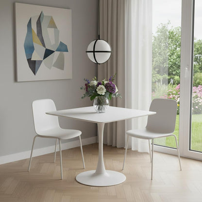 36" White Wood and Steel Pedestal Base Square Dining Table