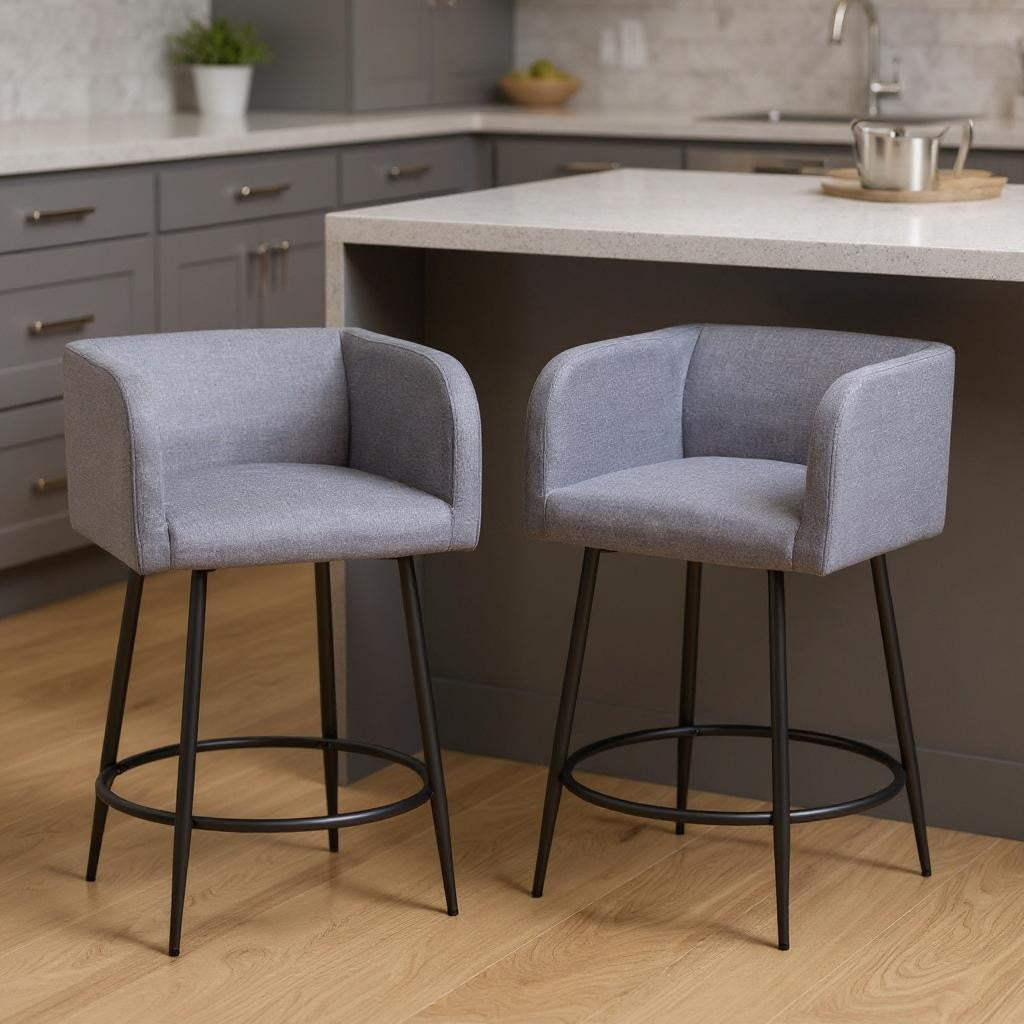 Set of Two 27" Gray and Black Fabric and Steel Counter Height Bar Chairs