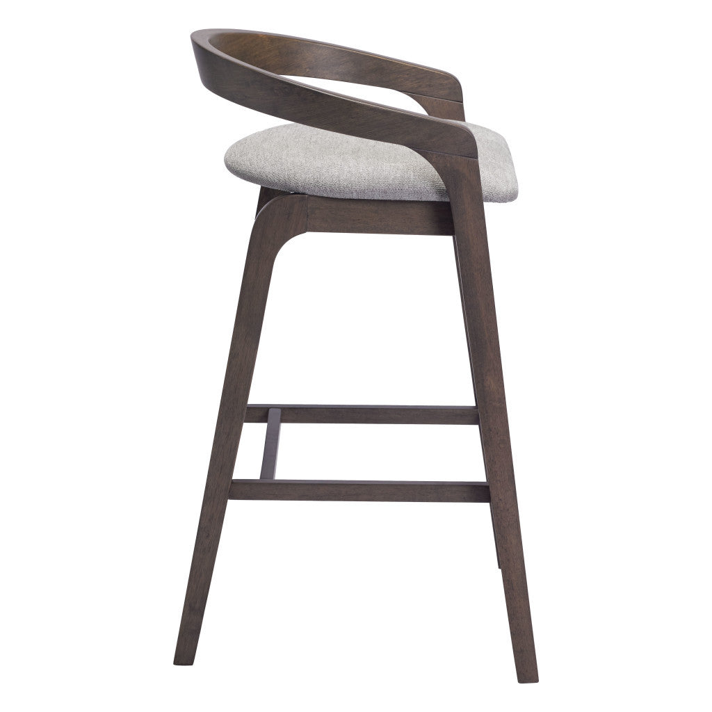 Set of Two 31" Gray and Espresso Fabric and Solid Wood Low Back Bar Height Bar Chairs