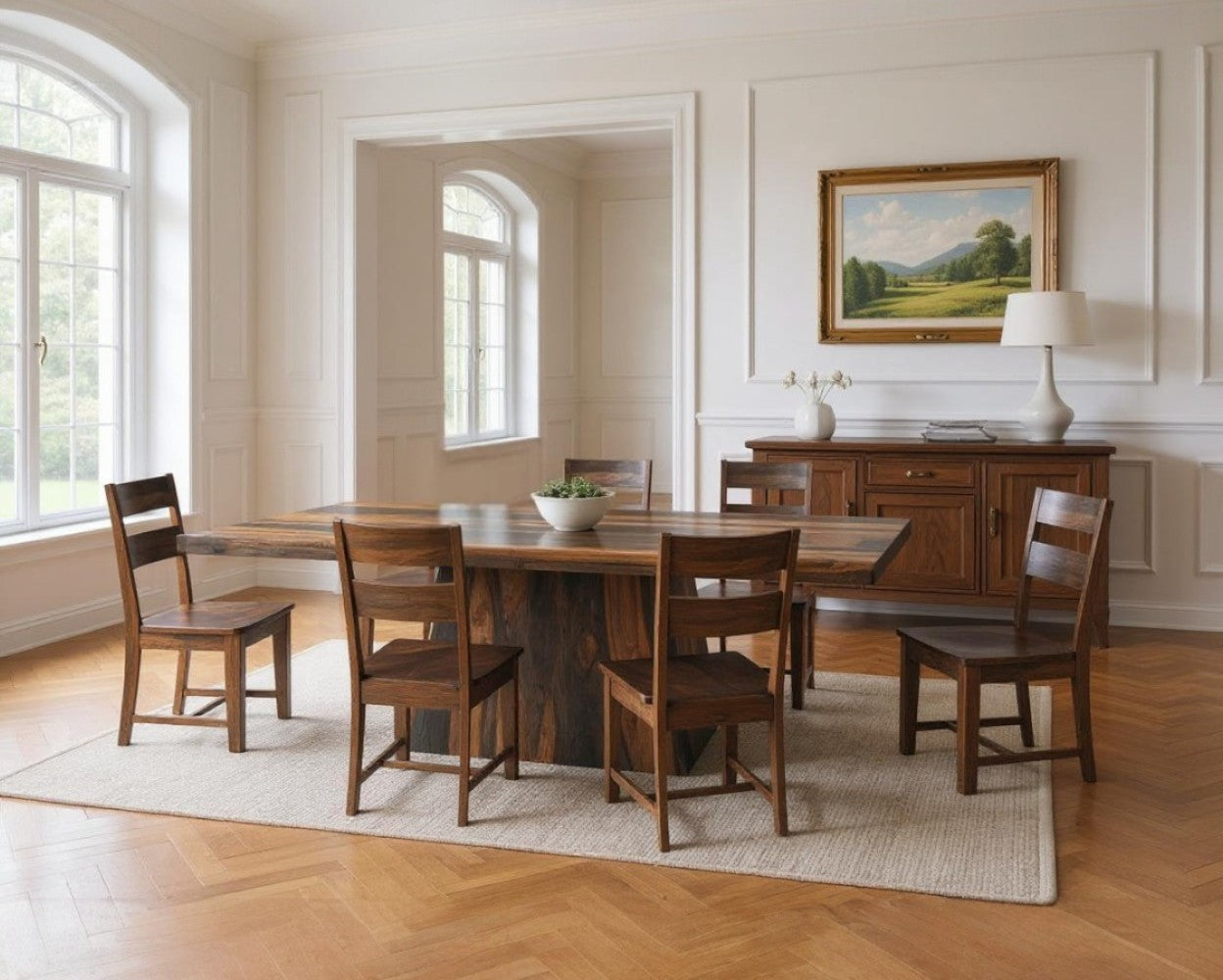 Seven Piece Dark Brown Solid Wood Dining Set with Six Chairs