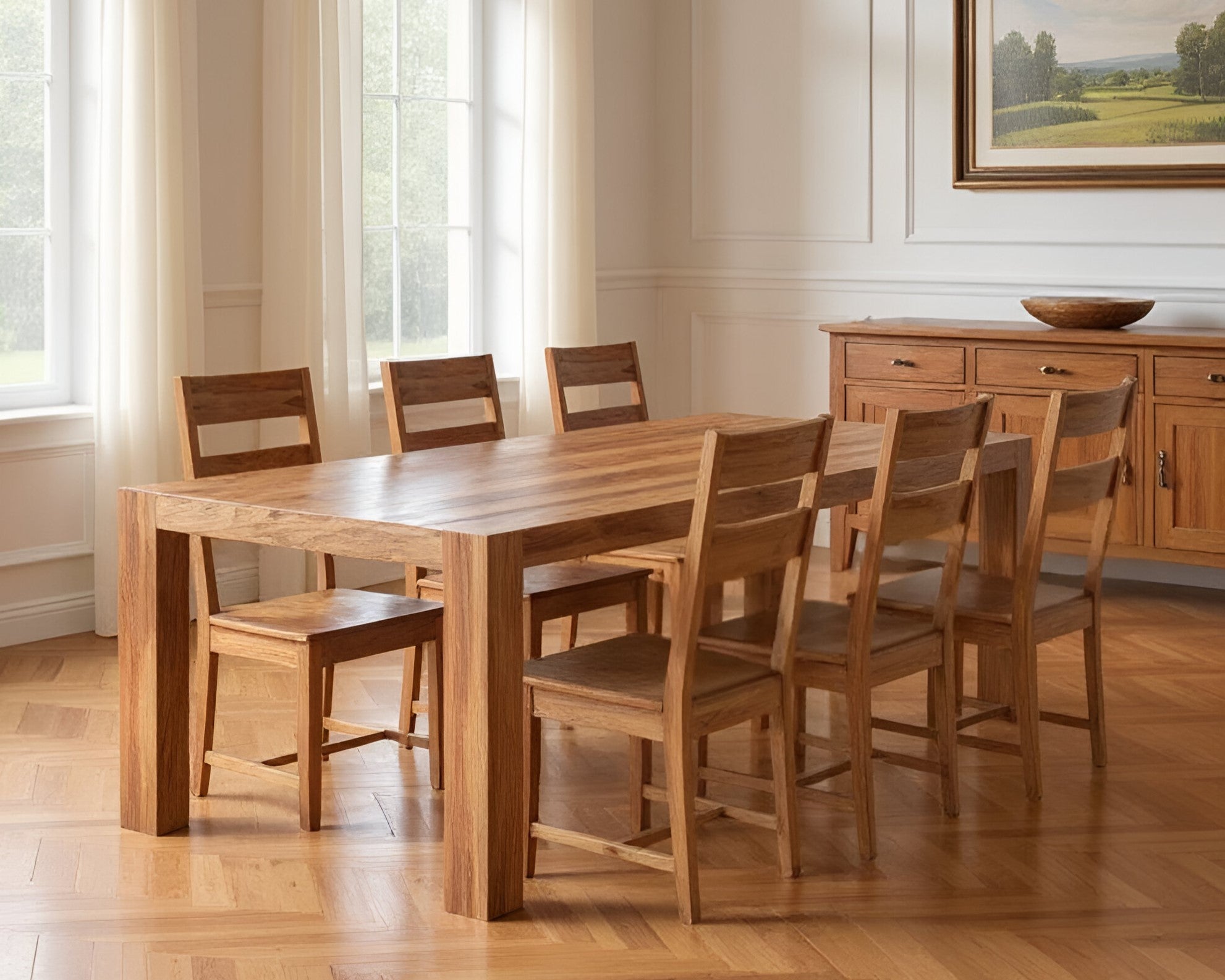 Seven Piece Brown Solid Wood Dining Set with Six Chairs