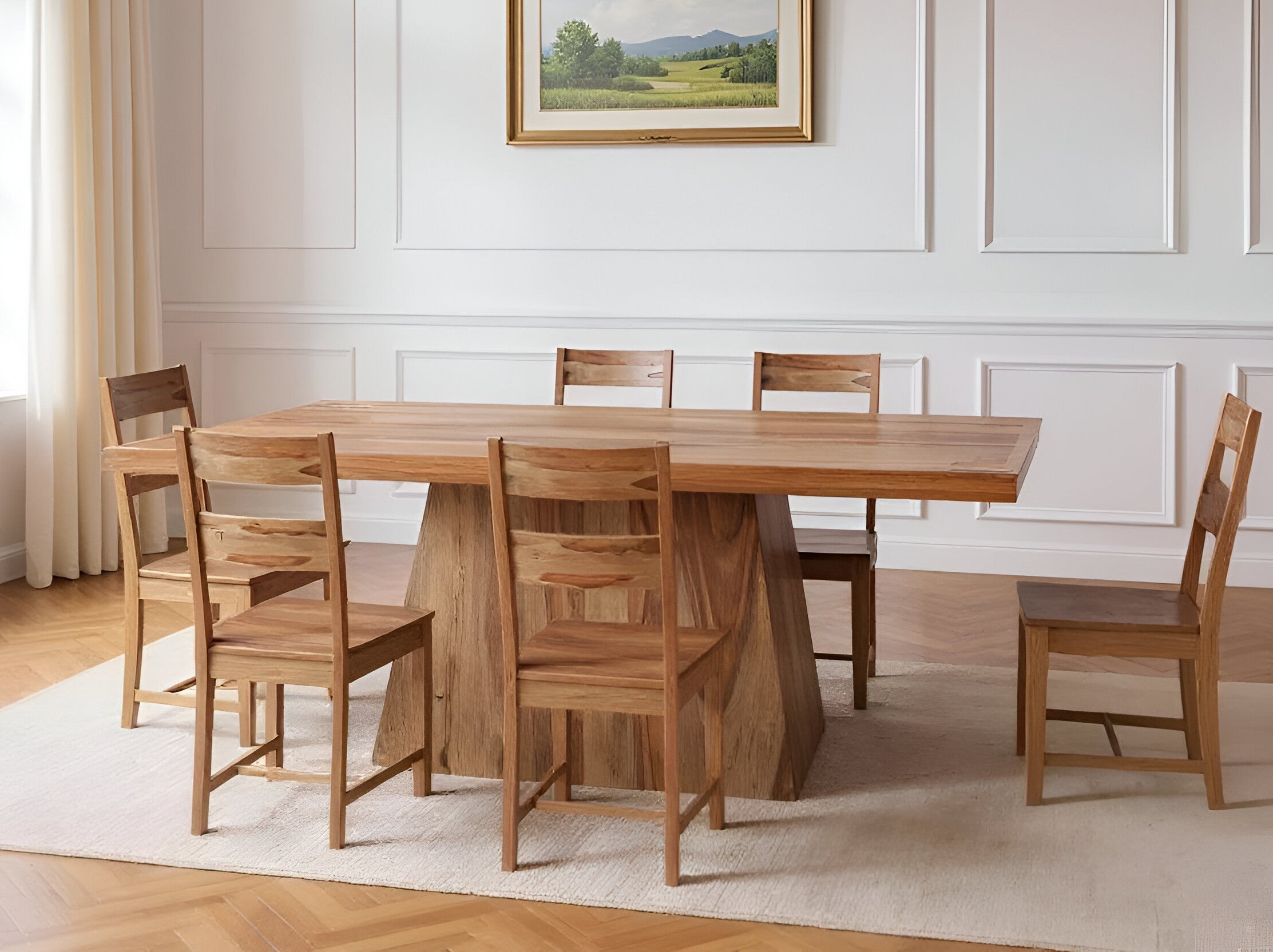 Seven Piece Brown Solid Wood Dining Set with Six Chairs