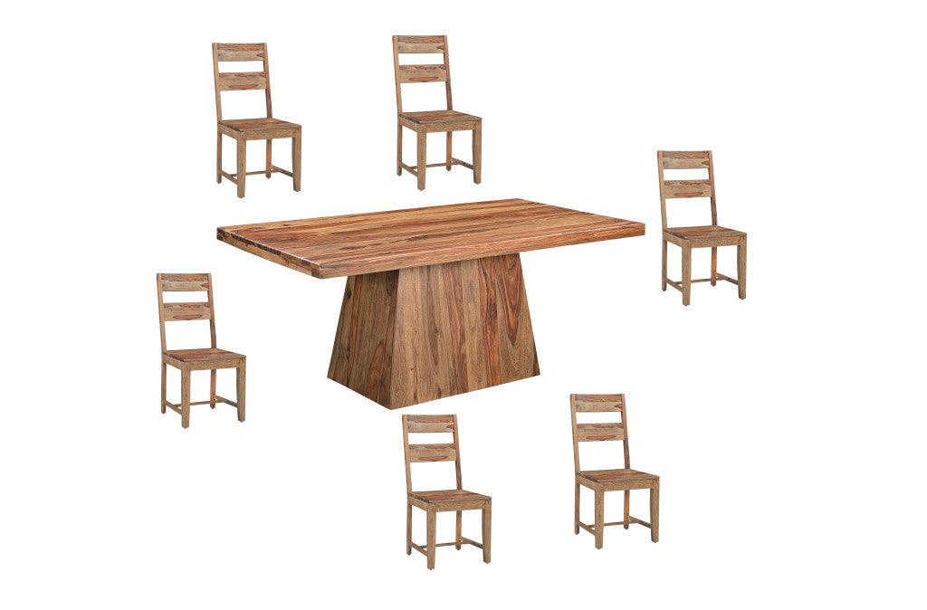 Seven Piece Brown Solid Wood Dining Set with Six Chairs