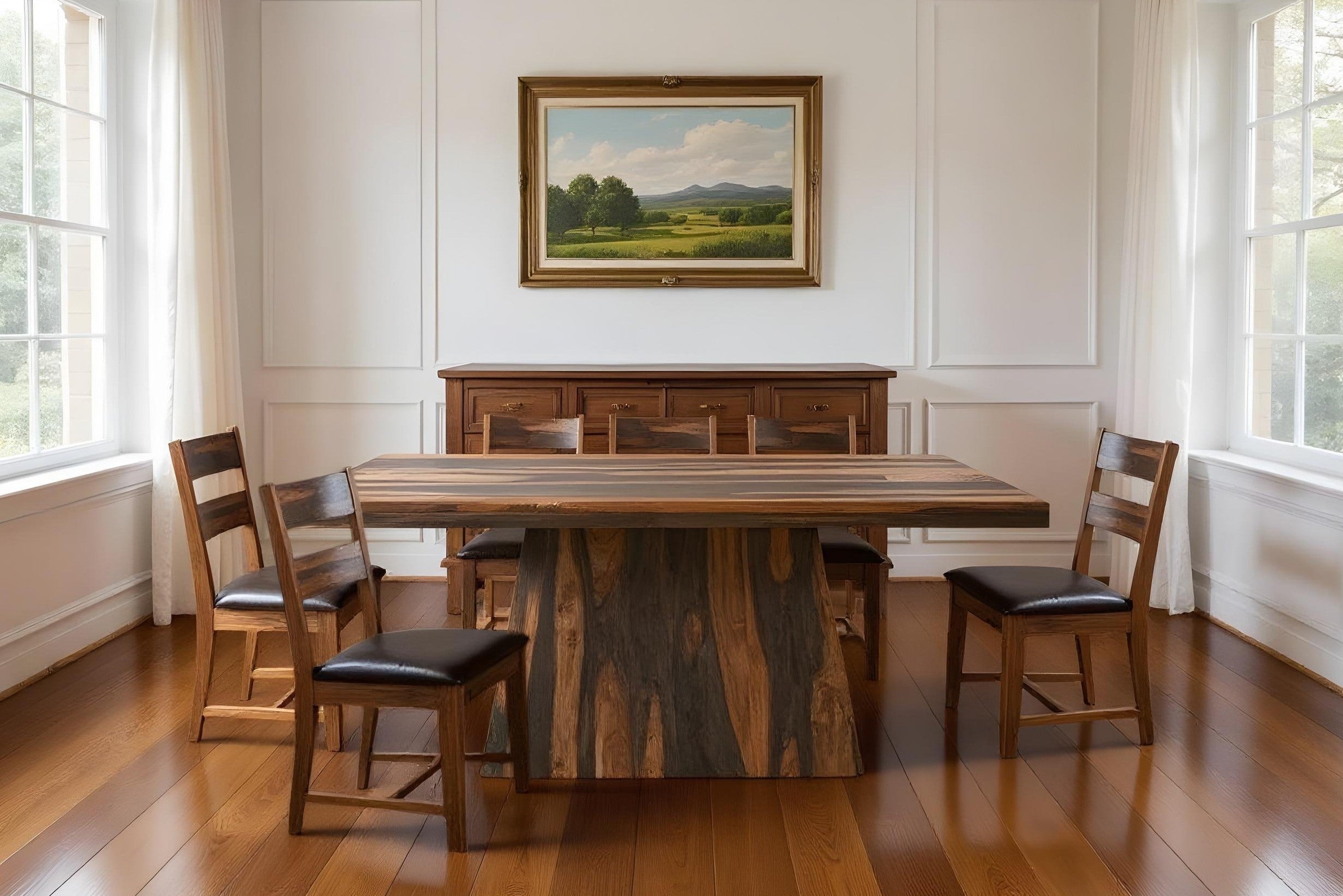 Seven Piece Dark Brown Solid Wood Dining Set with Six Chairs