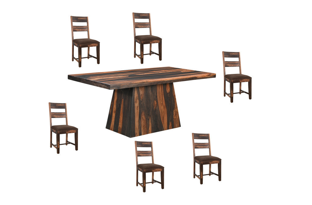 Seven Piece Dark Brown Solid Wood Dining Set with Six Chairs