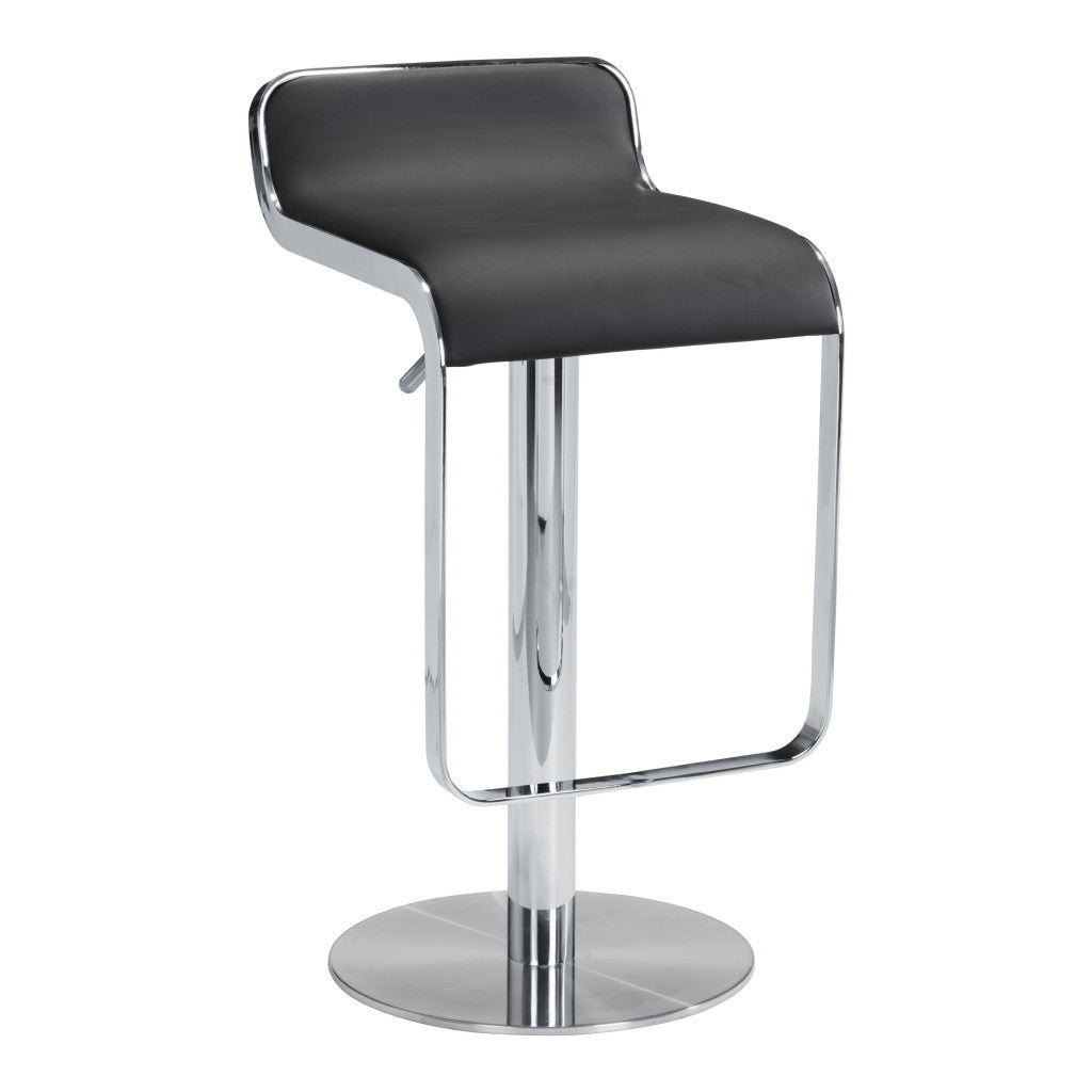 Black and Silver Faux Leather and Steel Adjustable Height Swivel Bar Chair