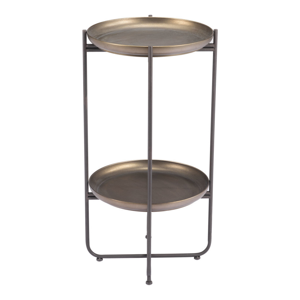 32" Bronze And Gray Steel Round Pedestal End Table
