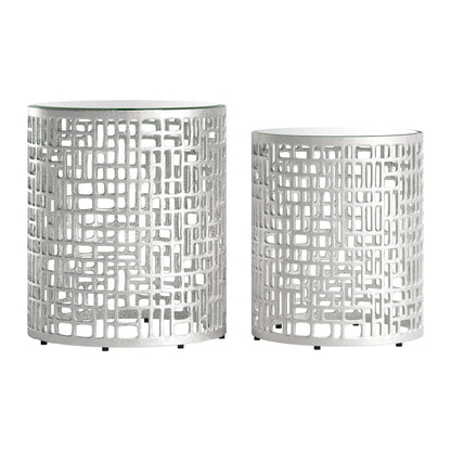 20" Silver Mirrored Glass And Aluminum Round Pedestal End Table