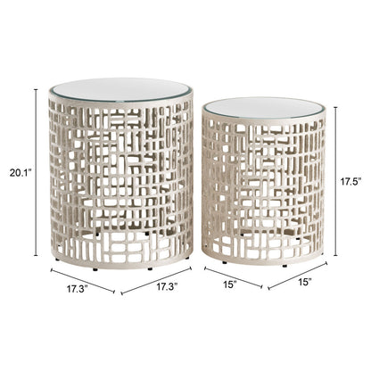 20" Silver Mirrored Glass And Aluminum Round Pedestal End Table