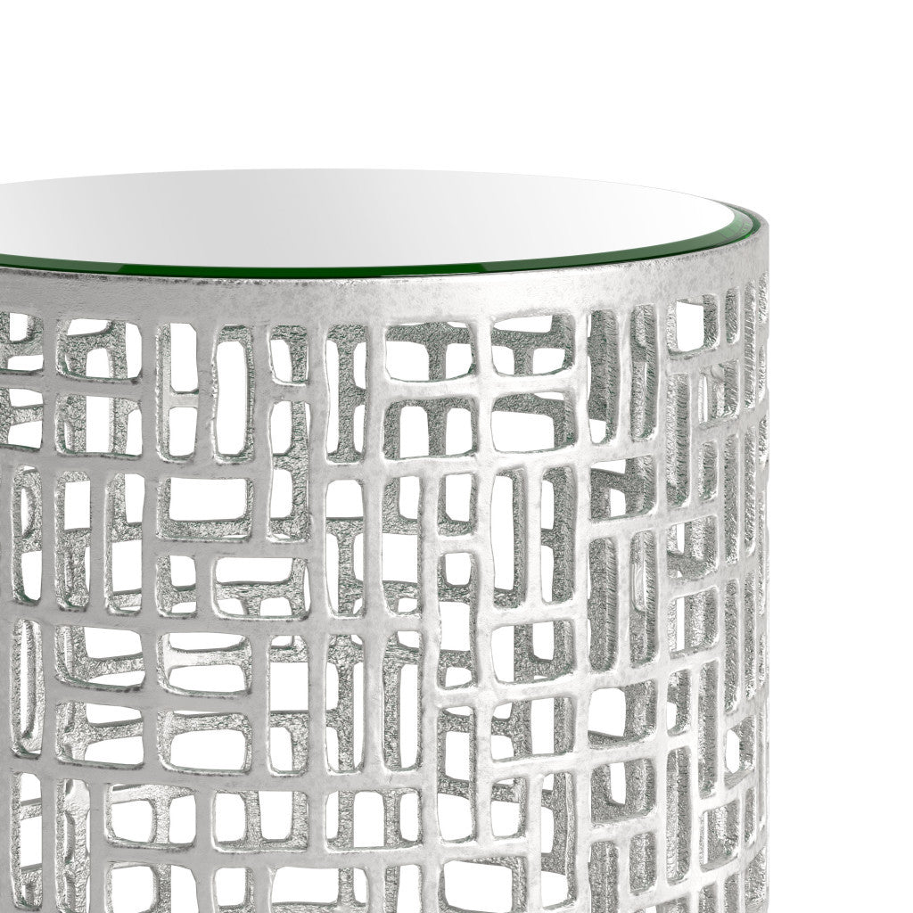20" Silver Mirrored Glass And Aluminum Round Pedestal End Table
