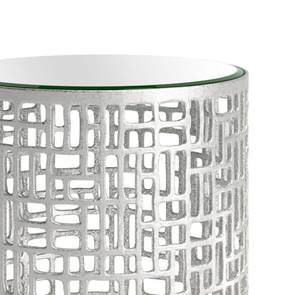 20" Silver Mirrored Glass And Aluminum Round Pedestal End Table
