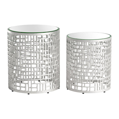 20" Silver Mirrored Glass And Aluminum Round Pedestal End Table