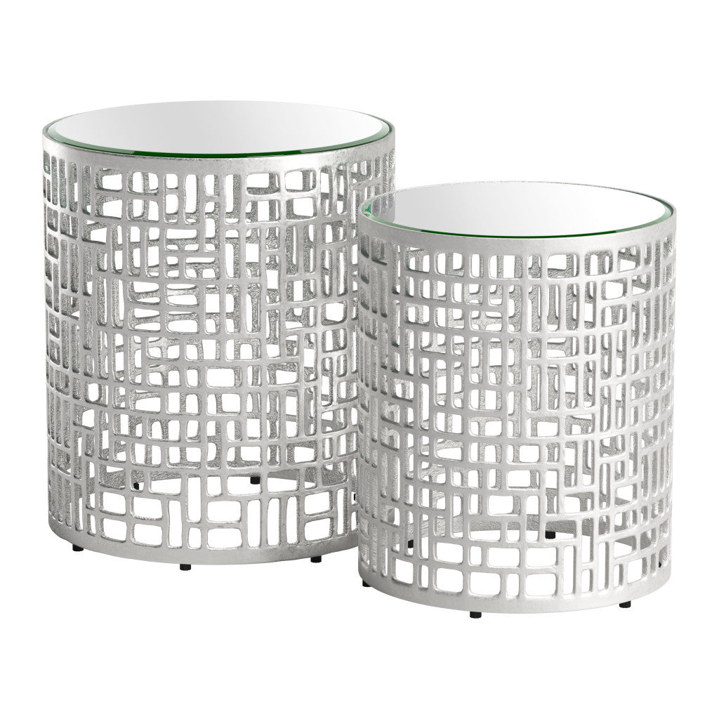 20" Silver Mirrored Glass And Aluminum Round Pedestal End Table