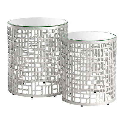 20" Silver Mirrored Glass And Aluminum Round Pedestal End Table