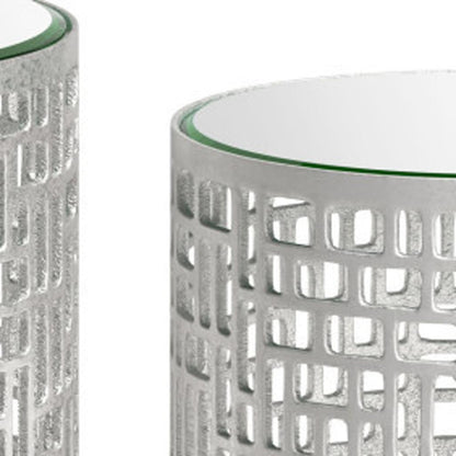20" Silver Mirrored Glass And Aluminum Round Pedestal End Table