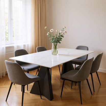 79" White and Black Sintered Stone and Steel Double Pedestal Base Dining Table