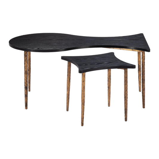 Set of Two Black and Bronze Wood and Steel Free Form Coffee And End Table