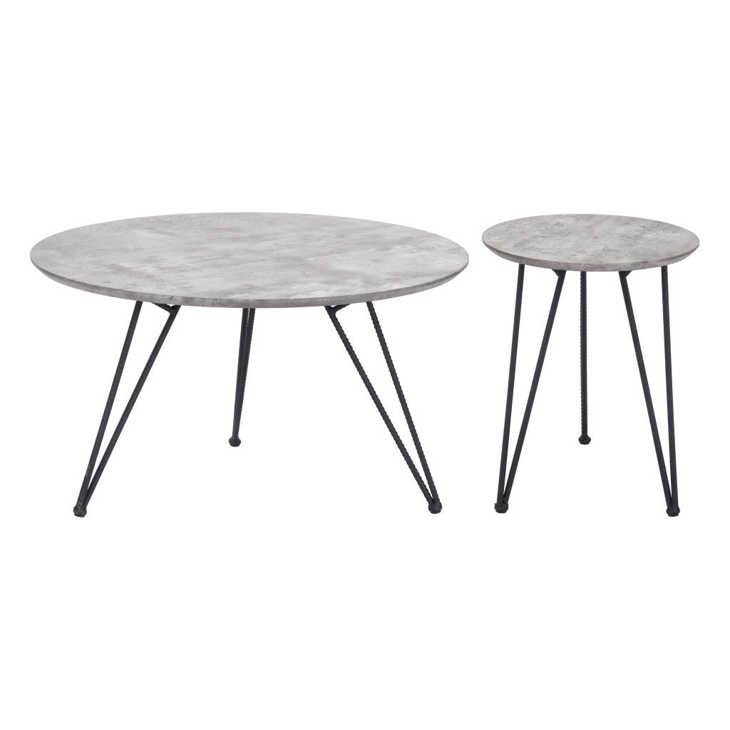 Set of Two Gray and Black Wood and Steel Round Nested Coffee Tables