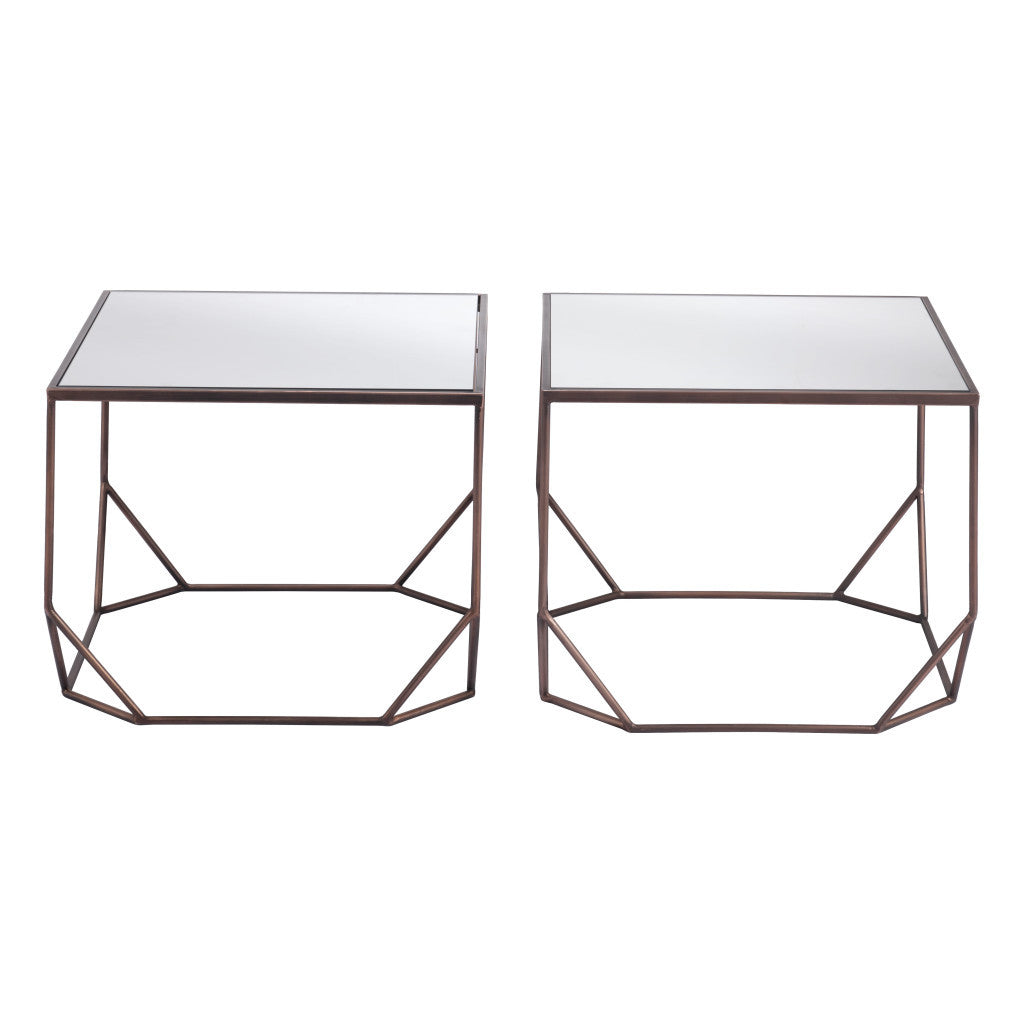 Set of Two Silver and Bronze Mirrored Glass and Steel Square Abstract Bunching Coffee Tables
