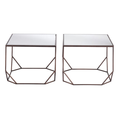 Set of Two Silver and Bronze Mirrored Glass and Steel Square Abstract Bunching Coffee Tables
