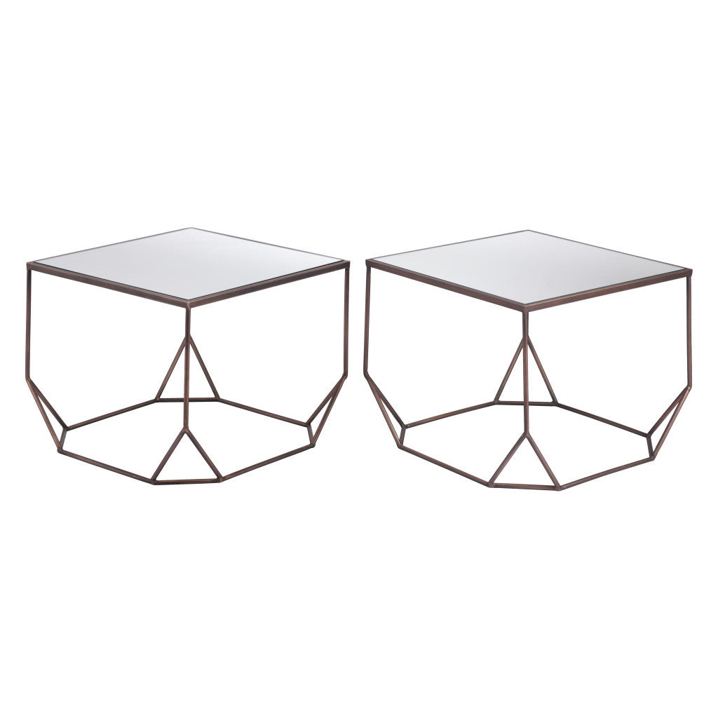 Set of Two Silver and Bronze Mirrored Glass and Steel Square Abstract Bunching Coffee Tables