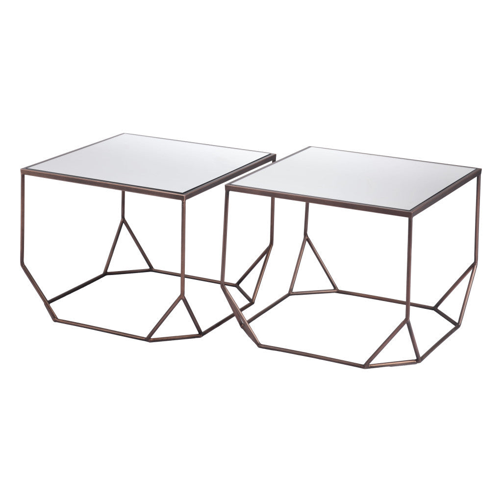 Set of Two Silver and Bronze Mirrored Glass and Steel Square Abstract Bunching Coffee Tables