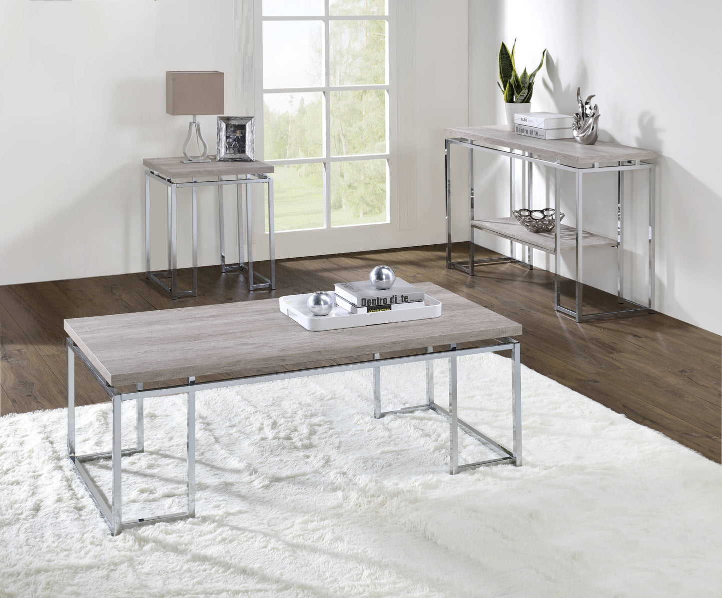 47" Oak and Silver Wood And Metal Frame Coffee Table