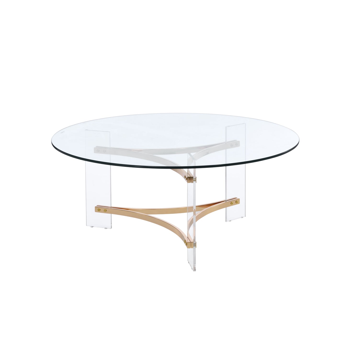41" Clear and Gold Glass Acrylic and Brass Round Coffee Table
