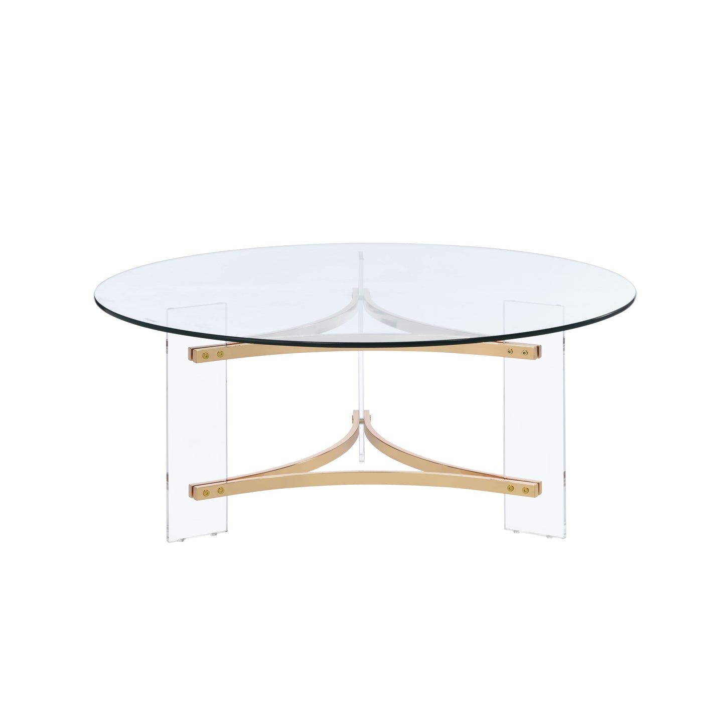 41" Clear and Gold Glass Acrylic and Brass Round Coffee Table