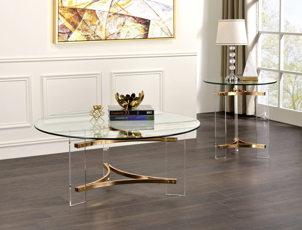 41" Clear and Gold Glass Acrylic and Brass Round Coffee Table