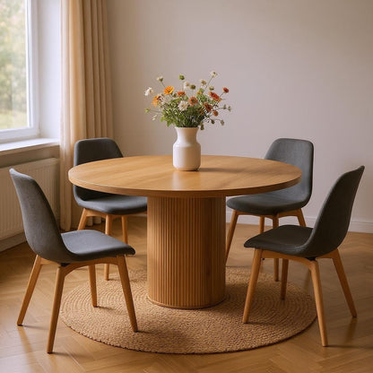 56" Brown Solid Wood Ribbed Texture Pedestal Base Round Dining Table